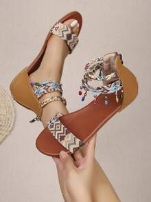 1双女士刺绣串珠波西米亚风T字带平底凉鞋 - 棕色 - 查看 5