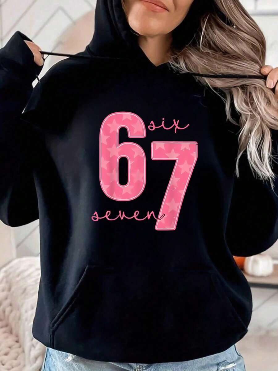 Six Seven Pink Stars Pattern Print Graphic Oversized Hoodies Sweatshirts For Women, Long Sleeve Pocket Pullover, Girls Sweatshirts, Fall Fashion 2025 Pullover, Letter Print Winter Clothes, Casual Women Clothes For Fall And Winter, Suitable For Parties, Outdoor Activities, And Leisure, Gift For Women, Size S-3XL - màu đen - Xem 1