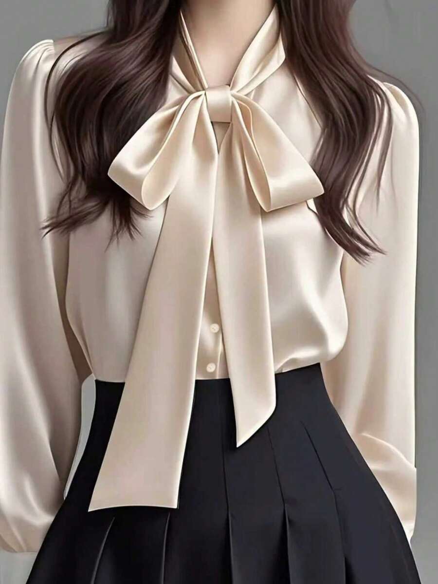 Women's Elegant Satin White Long Sleeve Casual Shirt, Versatile Commuter Blouse With Bow Collar Detail - Solid Color Top Suitable For All Seasons, Machine Washable Non-Sheer, Soft & Breathable Fabric, Refined Satin Texture, Solid Color Tie For Office & Daily Wear