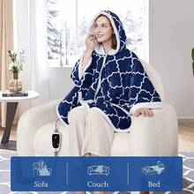 Wearable Heated Throw Blanket, Flannel & Sherpa Throw Shawl Poncho With Hoodie & Pocket, 6 Heating Levels & 2-10 Hours Auto Shut Off, Washable, 50x60 Inch, - Navy - View 6