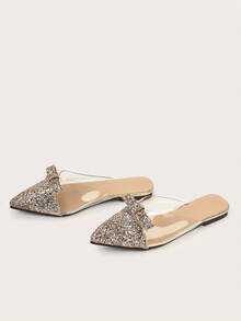 Rose Gold Shiny Material Patchwork Handmade Bow Decor Fashion Versatile Women Flat Loafers, Shiny Material Pattern Randomly Assorted - Rose Gold - View 2
