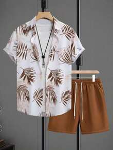 Men's Casual Set With Short Sleeve Shirt And Printed Shorts - 棕色 - 查看 1