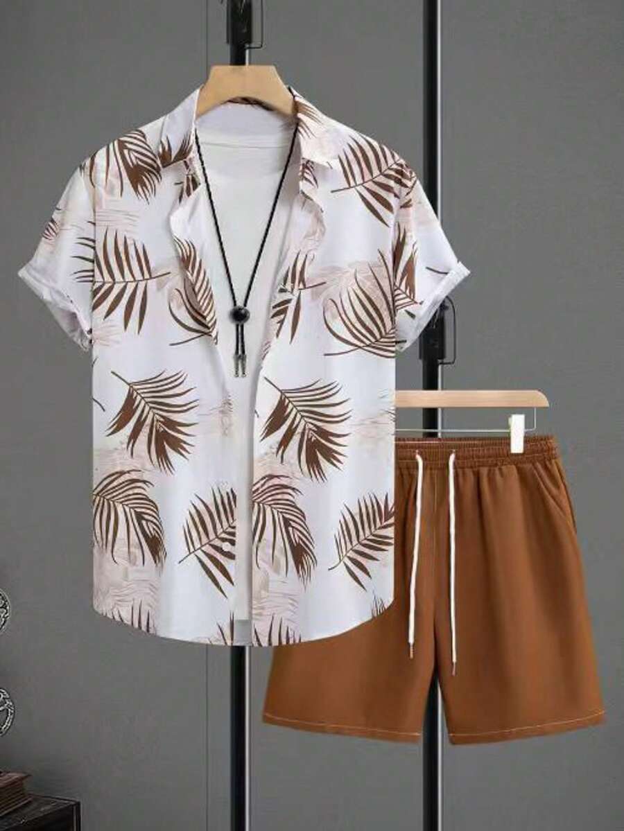 Men's Casual Set With Short Sleeve Shirt And Printed Shorts - 棕色 - 查看 1