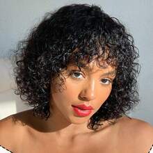 Zealady Short Curly Bob Human Hair Wigs With Bangs Glueless Wigs For Women Human Hair Wear And Go Brazilian Kinky Wave Curly Wigs With Bangs 2*1 Mini Lace Closure Wigs Human Hair Natural Color 10-14 Inch - Natural Black - 查看 2
