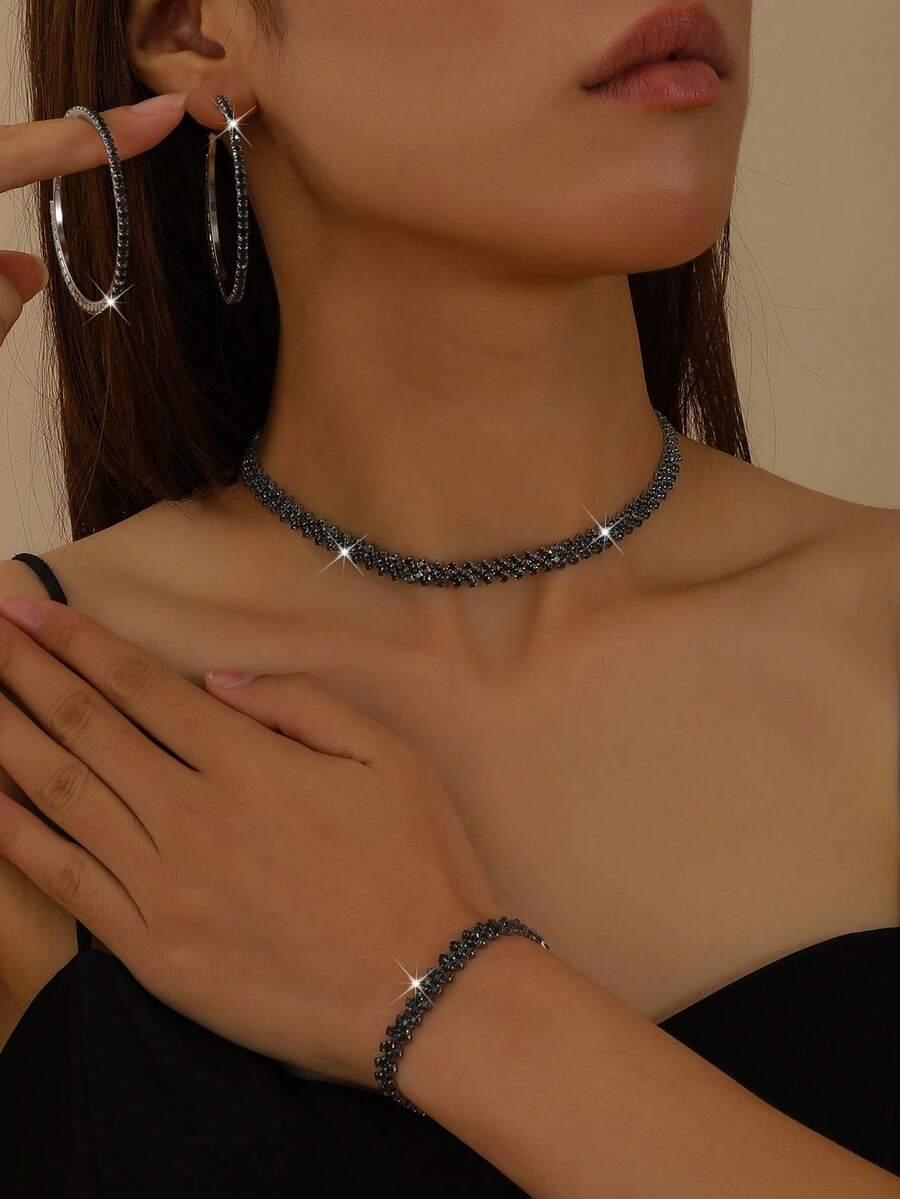 女士时尚项链、耳环、手链首饰套装，菱形图案，优雅百搭，适合派对、新娘、婚礼、情人节等场合佩戴 - 黑色 - 查看 1