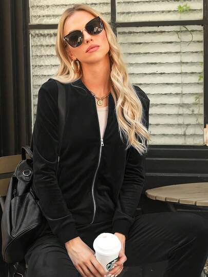 Women's Sportswear Set, Two-Piece Velvet Jacket For Autumn And Winter, A Must-Have Item For Autumn And Winter 2025, Solid Color Long-Sleeved Windproof Set, Women's Casual Sportswear Set, Women's Warm Loungewear.