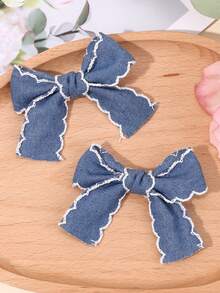 2pcs Denim Bow Hair Clip For Baby Girls Vintage Denim Star Hair Bows Solid Color And Glitter Star Denim Hair Barrettes Casual Denim Alligator Clips Party Denim Star Hairpins Baby Hair Accessories - Blue - View 4