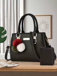 大容量女士手提包，饰有毛球，内含小钱包，商务休闲风格女士单肩包，适合作为母亲节礼物送给女性、职场女性、办公室女性，非常适合工作、商务、通勤和上学等场合。