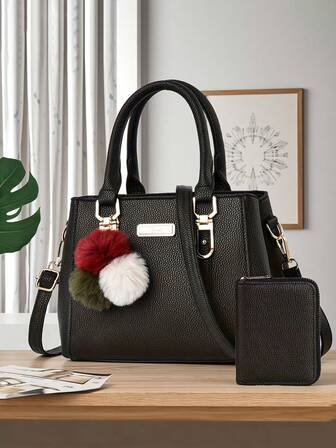 2pcs Women Handbag Set, High-Quality Crossbody Bag, Fashionable Shoulder Bag, Casual Wallet, Tote Bag With Pom Pom Charm, Best Mother's Day Gift Idea, Mom Gift, Essential For Moms, Outdoor Mom Bag, Stylish Business Casual Ladies Bag, Suitable For Office And Work