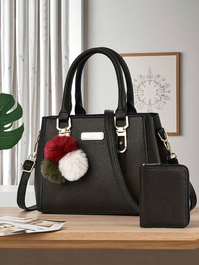 大容量女士手提包，饰有毛球，内含小钱包，商务休闲风格女士单肩包，适合作为母亲节礼物送给女性、职场女性、办公室女性，非常适合工作、商务、通勤和上学等场合。