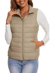 2026 Women's Essential Warm Vest  Lightweight Quilted Puffer Vest Sleeveless Stand Collar Zip-Up Padded Outerwear Gilet ,Classic Versatile For Seasonal Outdoor Use - 卡其色 - 查看 1