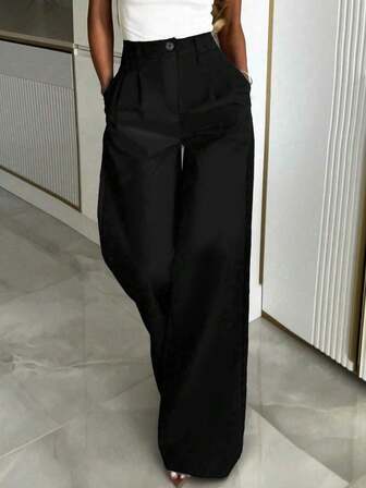 Calça de Perna Larga com Cinto de Cintura Alta, Perfeita para Lazer, Botão Casual de Primavera/Outono para Senhoras, Bolso, Zíper, Perna Reta Natural, Perna Larga Preta Solta, Calça Feminina para Uso Diário Casual