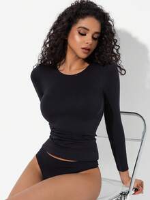 Women's Seamless Long Sleeve Sports Underwear Top, Round Neck Design, Lightweight Thermal Undershirt For Summer Air Conditioning - Black - View 9