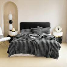 1pc Large Striped Blanket, Wide Striped Cutout Faux Rabbit Fur, Milk Plush, Flannel Throw Blanket, Office Nap Blanket, Leisure Blanket, Sofa Blanket, Halloween Faux Fur Blanket, Faux Fleece Blanket - Dark Grey - View 4