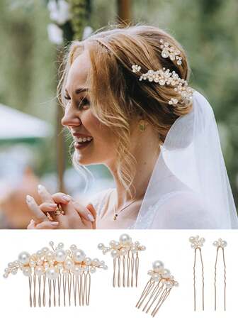 1 Set Handmade Faux Pearl Beaded Hair Comb Hair Clip Accessories, Elegant Minimalist Bridal Wedding Hair Decoration, Braided Updo Hair Comb, Retro Baroque Pearl Hair Stick, Women Jewelry, Bride Bridesmaid Flower Girl Hair Accessories