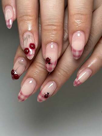 24pcs Medium Almond Press On Nails Pink French Tips Nails Cherry & Ladybug Checkered Colorblocking Design Sweet Style Glossy Full Cover False Nails For Women Girls Daily Wear