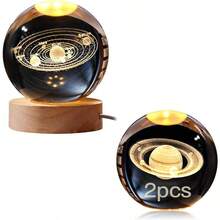 2Pcs Bola Cristal 3d, 3D Luz Nocturna de Bola Lmpara de Sistema y Saturno, Con Base De bola de cristal luz de noche, Decorar La Habitacin, Navidad, regalos espaciales para nios. - cálido - Ver 2