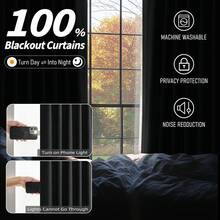 4pcs Burlap Linen Blackout Curtains For Living Room/Bedroom, Back Tab Faux Linen Textured 100% Blackout Drapes, Thermal Insulated Privacy Protection Farmhouse Window Curtains - 黑色 - 查看 3