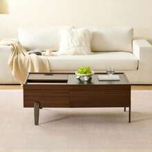 Modern Coffee Table With Drawers And Glass Top – Dark Brown Wood Design, Marble-Effect Wood Grain, Metal Legs And Plenty Of Storage Space For The Living Room
