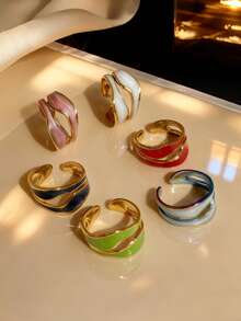 6pcs Minimalist Design Hollow Drip Oil Stainless Steel Rings For Women, Adjustable Titanium Steel Bands Suitable For Daily Wear And Parties - Gold-color - View 6