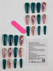 法式大理石圖案漸變條紋款短/尖頭假指甲24入組+果凍膠1入+指甲文件1入，按壓式指甲，美甲用品 - 彩色 - 查看 2