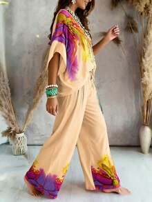 2026 European And American Style Comfortable Heart Neckline Loose Casual Printed 2-Piece Women Suit - Apricot - View 3