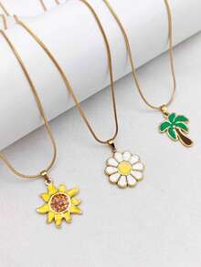 1pc 18K Gold Plated Stainless Steel Colorful Floral, Coconut Tree, Sunflower Pendant Necklace, Elegant & Sunny Unisex Sweater/Clavicle Chain Jewelry