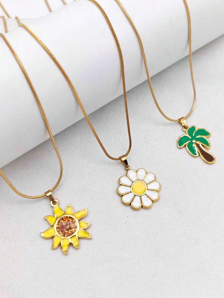 1pc 18K Gold Plated Stainless Steel Colorful Floral, Coconut Tree, Sunflower Pendant Necklace, Elegant & Sunny Unisex Sweater/Clavicle Chain Jewelry