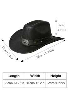 1pc Unisex Unisex Cattle Head & Belt Decor Handmade PU Cowgirl Hat Panama Hat Wide Brim Ridge Cowboy Hat Western Suitable Soft Felt Hat Fedora Hat - màu đen - Xem 5