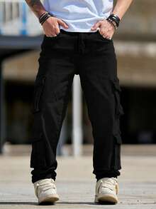 Men's Retro Flared Jeans, Slim Fit Multi-Pocket Rugged Cargo Pants, Fashionable - Black - View 4