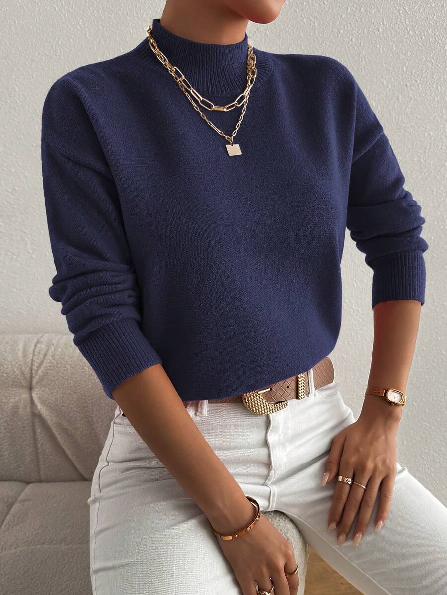 Plus Size Solid Color Stand Collar Knit Sweater - Navy Blue - View 1