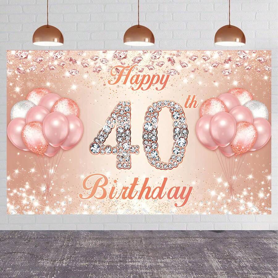 40th Birthday Rose Gold Banner With Cheerful 40th Anniversary Background And Colorful Paper Balloons, Suitable For Women's 40th Birthday Pink Party, Bachelorette Party, Anniversary Celebration, Birthday Decor Background Gift, With Glitter Sprinkles - Multicolor - View 1