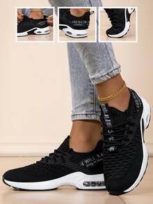 女士春秋新款透气白色低帮系带轻便休闲圆头运动鞋 - 黑色 - 查看 10