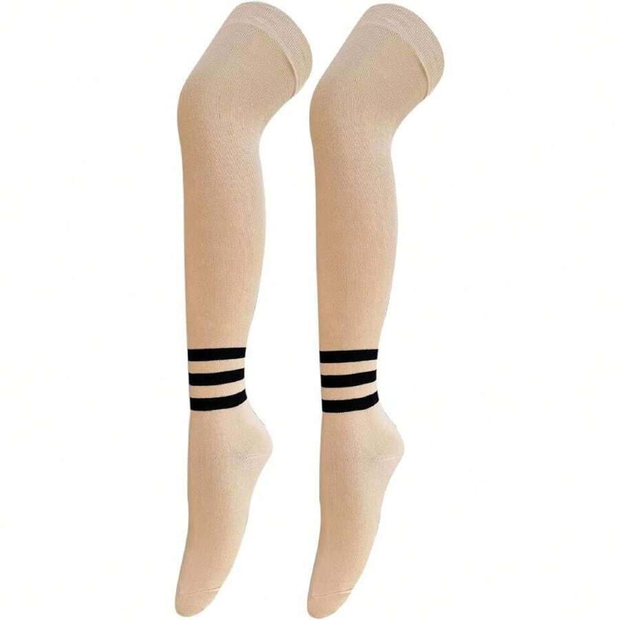 Women Thigh High Socks Cotton Warm Over The Knee High Leg Warmers Long Boot Socks With Stripes,28433039 - 米色 - 查看 1