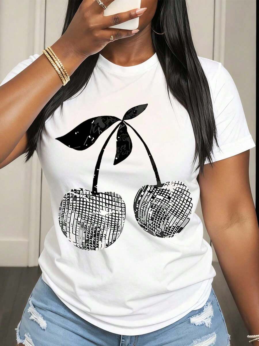 White Crewneck T Shirt Cherry Discoball Print Graphic Tee Casual Summer Outfit Women Fashion Top Streetwear Style - trắng - Xem 1
