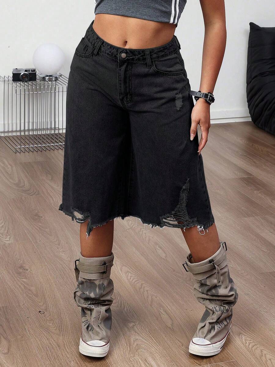 Pantalones cortos de mezclilla de cintura media, color azul claro sólido, sin estiramiento, con detalles desgastados - Elegantes y sexys para el ocio en casa - Negro - Ver 1