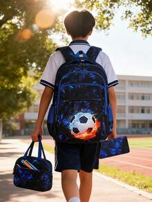 1 Set Football Graphic Backpack Set, Large Capacity Lightweight Student Backpack, Adjustable Shoulder Straps, Fashion Multi-Compartment Laptop Bag, Suitable For School And Daily Use - Blue - View 6