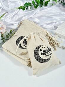 3pcs Ramadan Linen Drawstring Bags, Eid Mubarak Linen Gift Bags, Small Drawstring Pouches, Suitable For Ramadan Eid Party Decorations, Size: 5.12 X 7.09 Inches - Multicolor - View 4