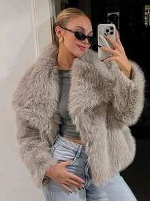 HH Faux Fur Jacket For Women Elegant Solid Lapel Long Sleeve Coat Casual Loose Female Winter Oversize Lady Chic Streetwear Jakcets