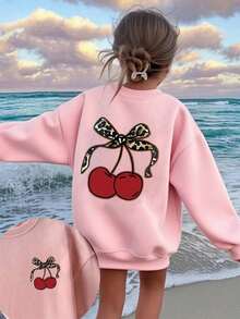 Tween Girl Casual Graphic Print Crew Neck Long Sleeve Sweatshirt, Autumn/Winter - Pink - View 1
