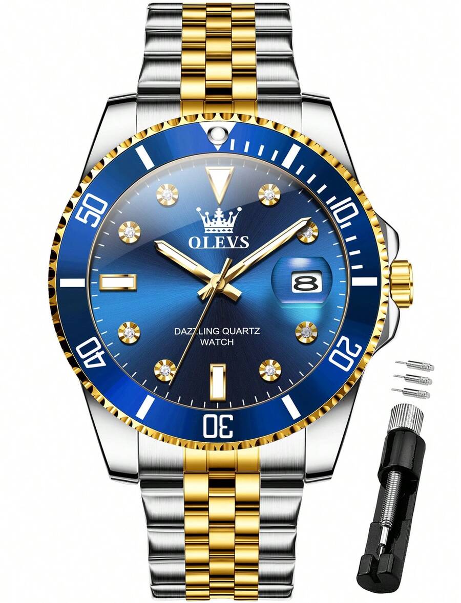 OLEVS Watch For Men Stainless Steel Business Dress Luxury Diamond Big Face Waterproof Mens Watches With Date Analog Wrist Men Watch Reloj Para Hombre Green Dial - golden blue - 查看 1