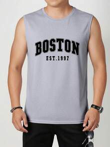 Men's Letter Print Round Neck Casual Loose Tank Top - Grey - View 3