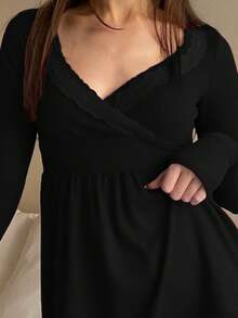 .Women Y2k Fairy Grunge Babydoll Tops Long Sleeve V Neck Slim Fit Aesthetic Shirts E Girl Vintage Coquette Blouses - màu đen - Xem 3