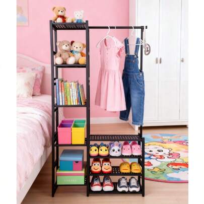Perchero de pie negro de 81.5 X 25.6 X 150cm, organizador de ropa de varias capas que ahorra espacio con rieles para colgar, estante para zapatos y solución de armario abierto para la entrada, dormitorio, dormitorio, balcón o lavandería, almacenamiento versátil de armario para ropa de temporada, chaquetas, vestidos, bolsos y bufandas, almacenamiento práctico para el hogar y el apartamento, exhibición de fácil acceso para invitados, excelente opción de regalo para los armarios navideños y de Acción de Gracias