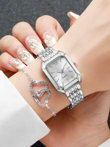 Bộ 6 đồng hồ quà tặng nữ có dây đeo bằng thép, đồng hồ đeo tay thạch anh mặt số La Mã vuông thời trang + Bộ trang sức hình trái tim (Không bao gồm hộp đựng đồng hồ) - Bạc - Xem 3