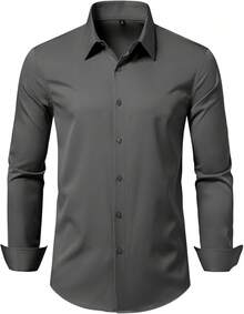 Men's Wrinkle Dress Shirts Formal Long Sleeve Button Down Wedding Business, Style - Dark Grey - View 5