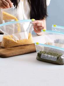 10/45pcs Reusable Sealed Food Preservation Bags, Thickened Freezer Bags, Microwave , Blue, For Long-Term Food Storage & Organization, Transparent PE Zipper Bags, Suitable For Kitchen Food Classification & Snack Storage (Random Color Pull Head)
