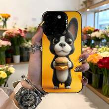 Cubierta de teléfono con diseño de perro francés sosteniendo hamburguesa amarilla para iPhone funda protectora con estampado divertido y estilo lindo ideal para uso diario y regalos Aplicable a los teléfonos de la serie Apple y Galaxy - Negro - Ver 1