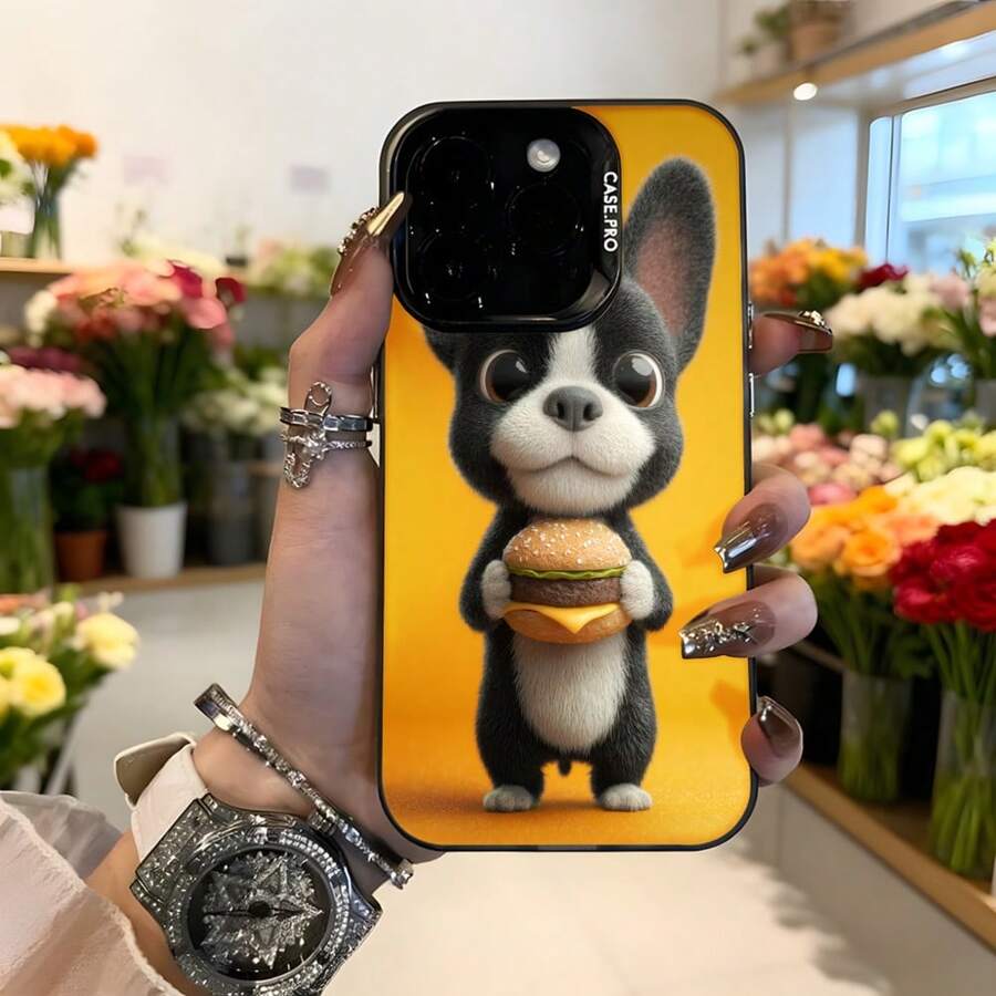 Cubierta de teléfono con diseño de perro francés sosteniendo hamburguesa amarilla para iPhone funda protectora con estampado divertido y estilo lindo ideal para uso diario y regalos Aplicable a los teléfonos de la serie Apple y Galaxy - Negro - Ver 1