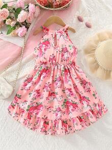 Charming Girls' Summer Elegant Floral Print Sleeveless Halter Neck Backless Asymmetric Hem Casual Dress - Red - View 2